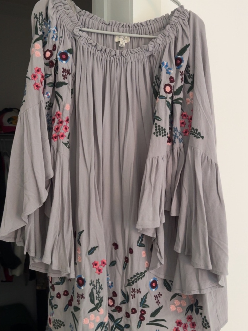 Umgee Light Gray Embroidered Boho Dress with Pink & Blue Floral Accents